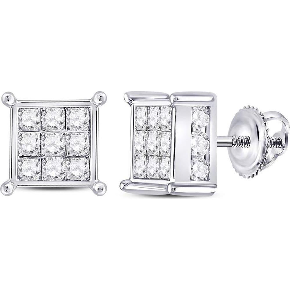 14K White Gold Princess and Round Diamond Square Earrings - 2.00 Carat Total Diamond Weight