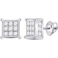 14K White Gold Princess and Round Diamond Square Earrings - 2.00 Carat Total Diamond Weight