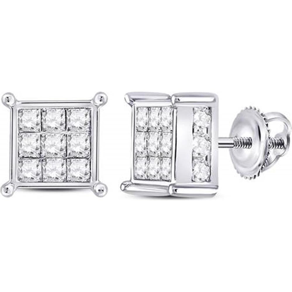 14K White Gold Princess and Round Diamond Square Earrings - 2.00 Carat Total Diamond Weight