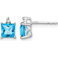 14K White Gold Princess Blue Topaz and Diamond Stud Earrings - 0.75 Carat Blue Topaz, 0.007 Carat Diamonds by Monteluci Fine Jewelry