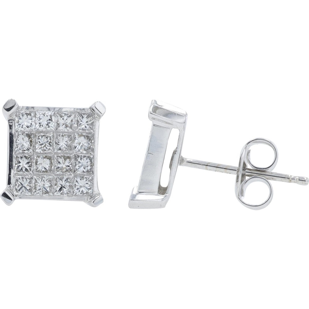 14K White Gold Princess-Cut Diamond Cluster Stud Earrings - 1.00 Carat Total Diamond Weight