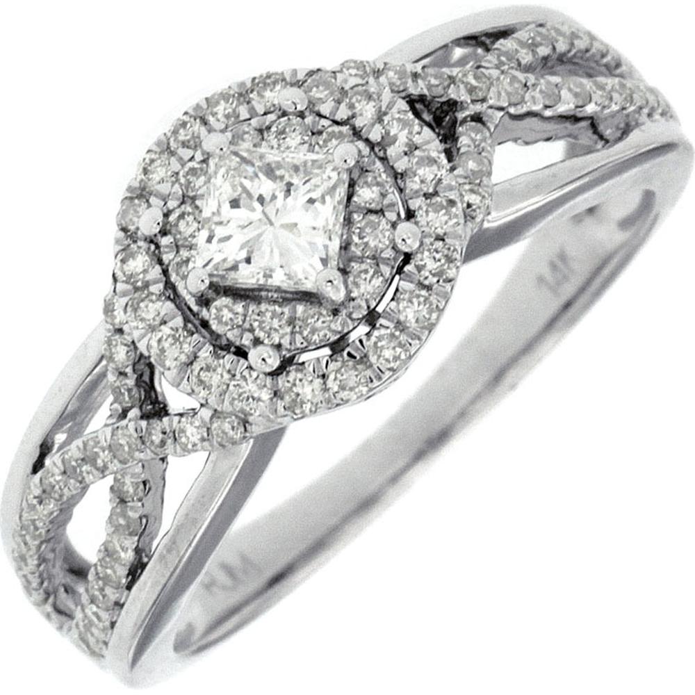 14K White Gold Princess Cut Diamond Engagement Ring with Pave Halo - 0.64 Carats Total Diamond Weight
