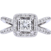 14K White Gold Princess Cut Diamond Engagement Ring with Pavé Halo and Split Shank - 1.57 Carat Total Diamond Weight
