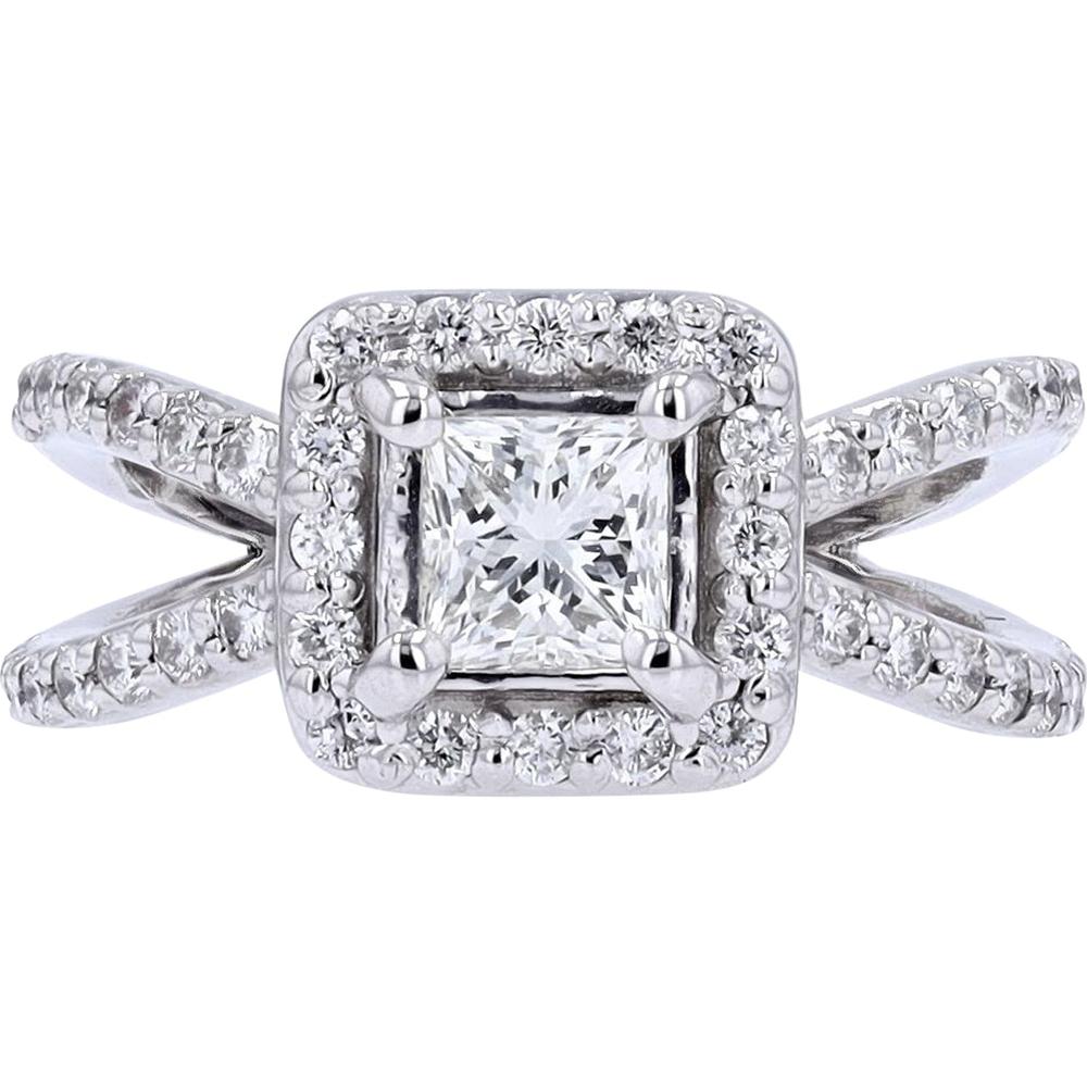14K White Gold Princess Cut Diamond Engagement Ring with Pavé Halo and Split Shank - 1.57 Carat Total Diamond Weight
