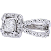 14K White Gold Princess Cut Diamond Engagement Ring with Pavé Halo and Split Shank - 1.57 Carat Total Diamond Weight