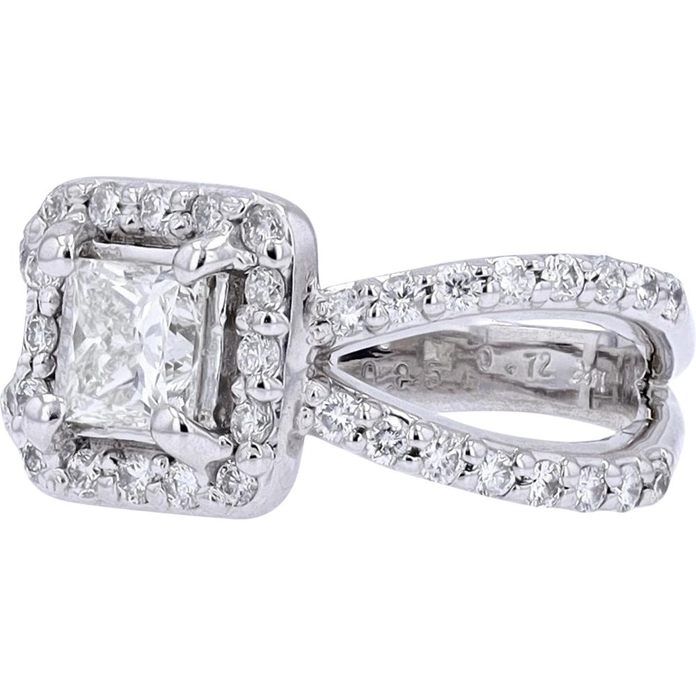 14K White Gold Princess Cut Diamond Engagement Ring with Pavé Halo and Split Shank - 1.57 Carat Total Diamond Weight