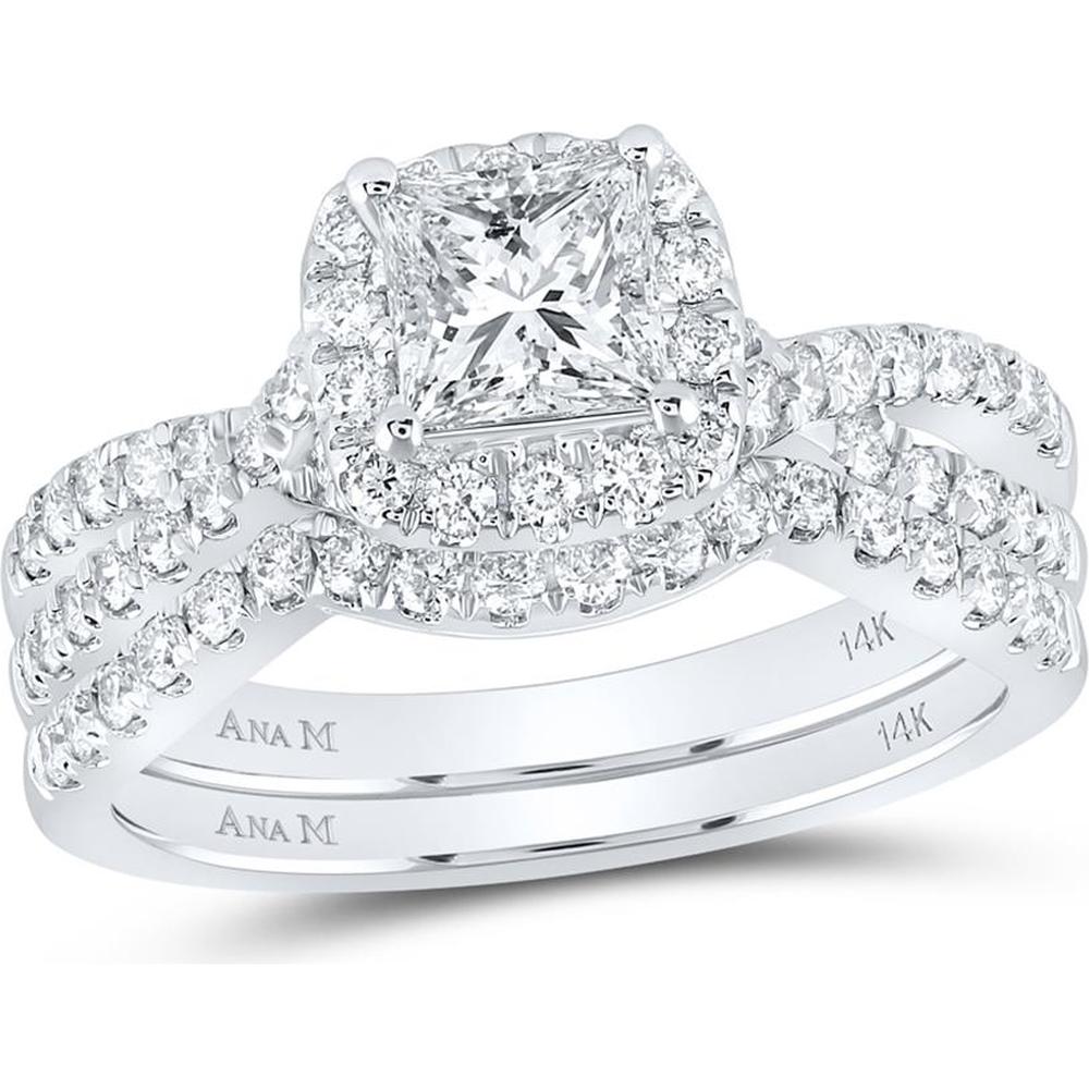 14K White Gold Princess Cut Diamond Halo Bridal Wedding Ring Set with Round Diamond Accents and Blue Sapphire Detail - 1.53 Carat Total Diamond Weight, 0.01 Carat Sapphire