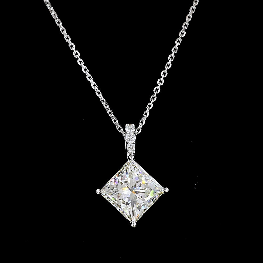 14K White Gold Princess Cut Diamond Pendant with Brilliant Cut Accent Stones - 3.39 Carat Total Weight (IGI Certified Lab Diamonds) - Covaloro Fine Jewelry