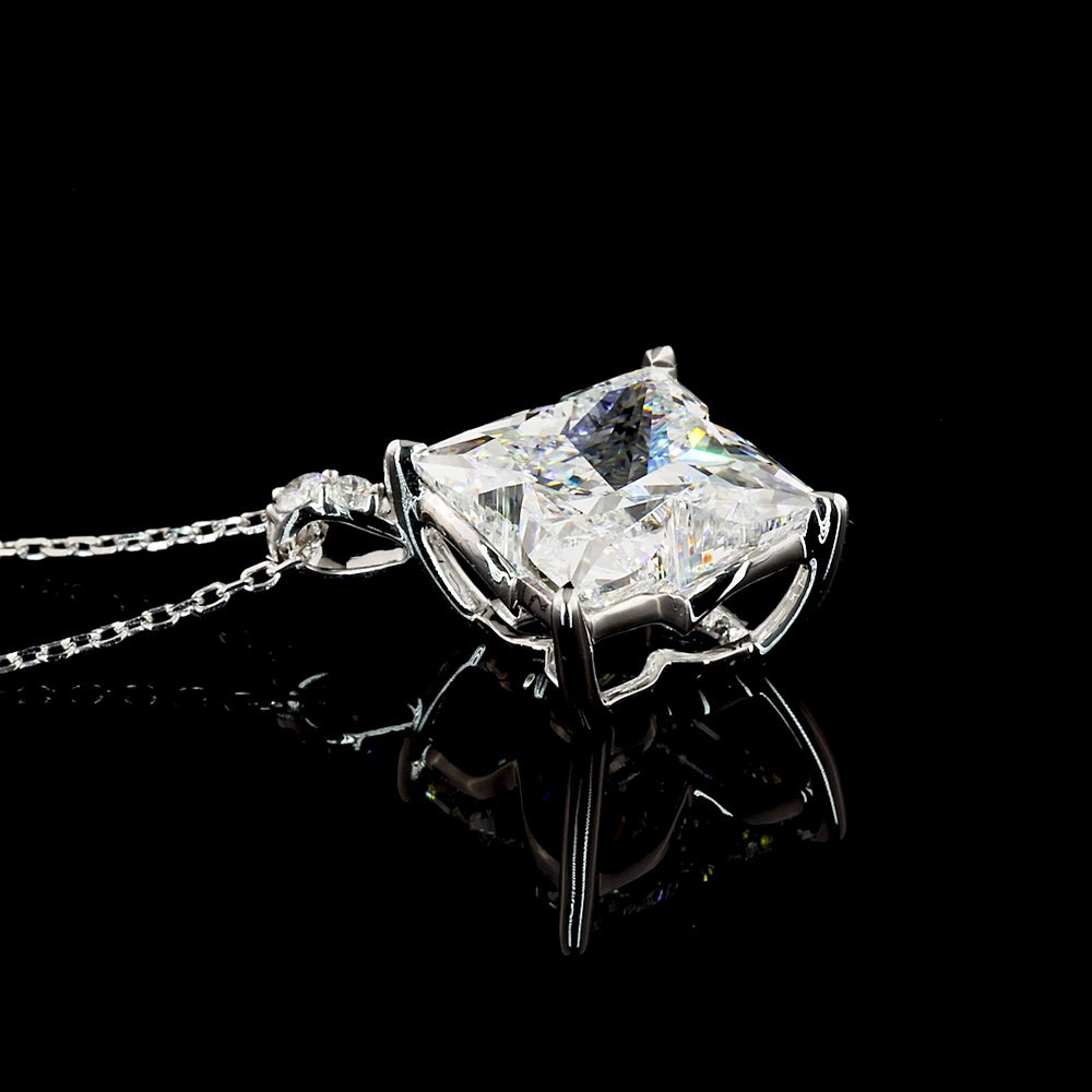14K White Gold Princess Cut Diamond Pendant with Brilliant Round Side Stones - 5.11 Carat Total Diamond Weight (Lab Diamonds, E-F Color VS1 Clarity) - Covaloro Fine Jewelry