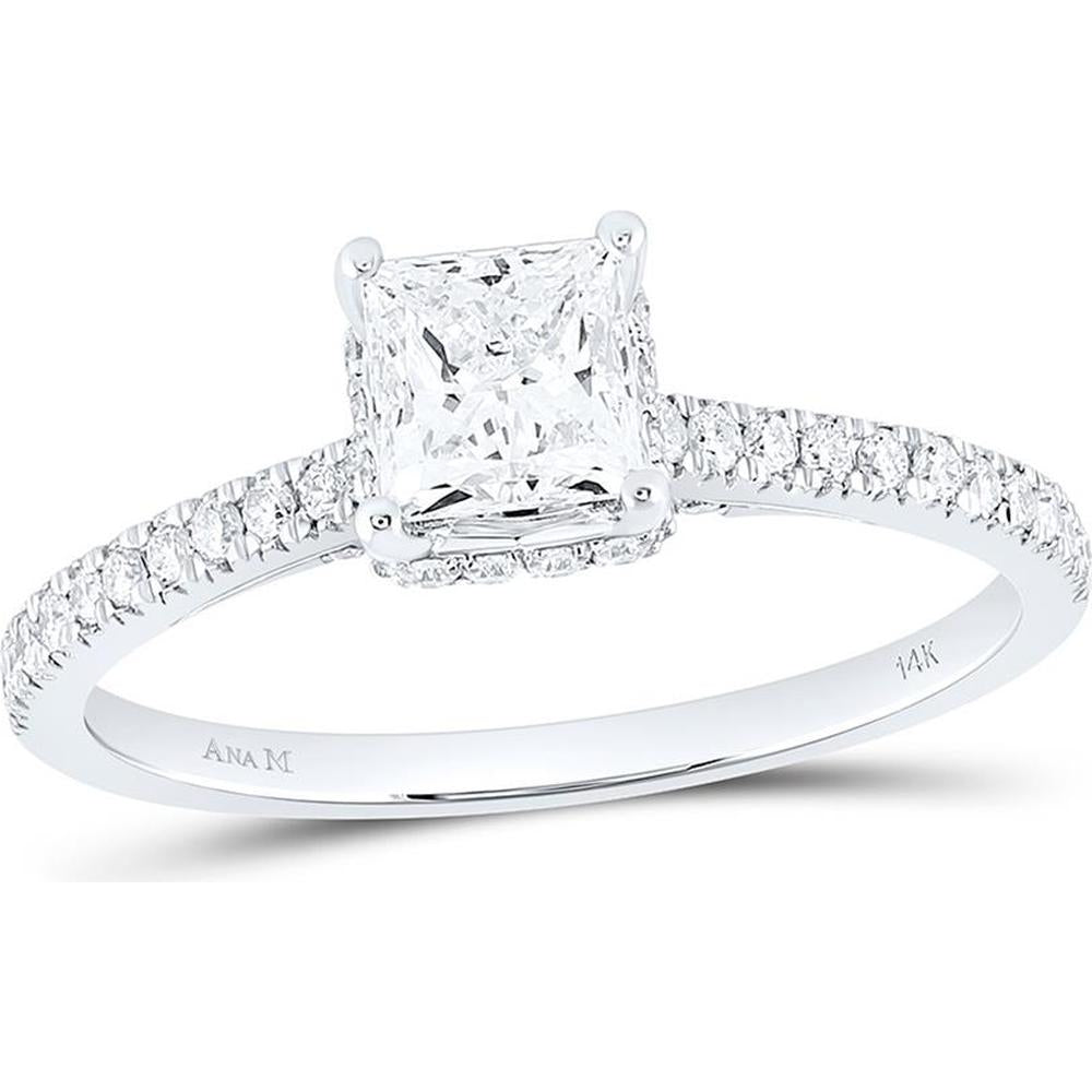 14K White Gold Princess Cut Diamond Solitaire Engagement Ring with Pave-Set Round Diamonds and Blue Sapphire - 1 Carat Total Diamond Weight