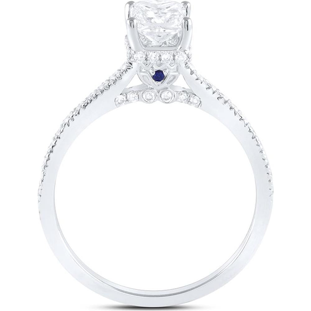14K White Gold Princess Cut Diamond Solitaire Engagement Ring with Pave-Set Round Diamonds and Blue Sapphire - 1 Carat Total Diamond Weight