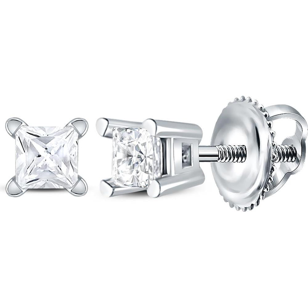 14K White Gold Princess-Cut Diamond Solitaire Stud Earrings with Screw Backs - 1/6 Carat Total Diamond Weight