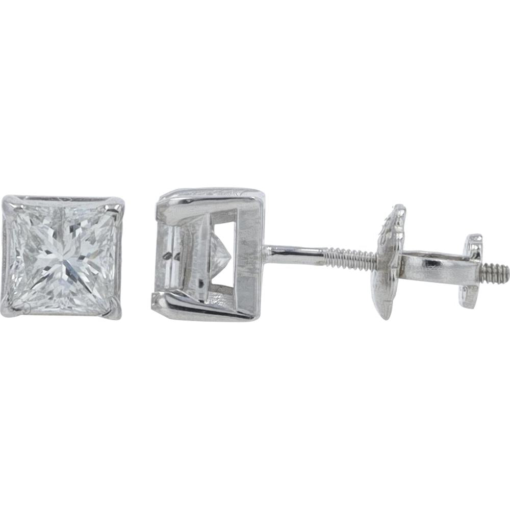 14K White Gold Princess Cut Diamond Stud Earrings - 0.72 Carat Total Diamond Weight