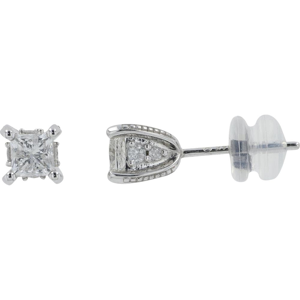 14K White Gold Princess Cut Diamond Stud Earrings - 1.00 Carat Total Diamond Weight