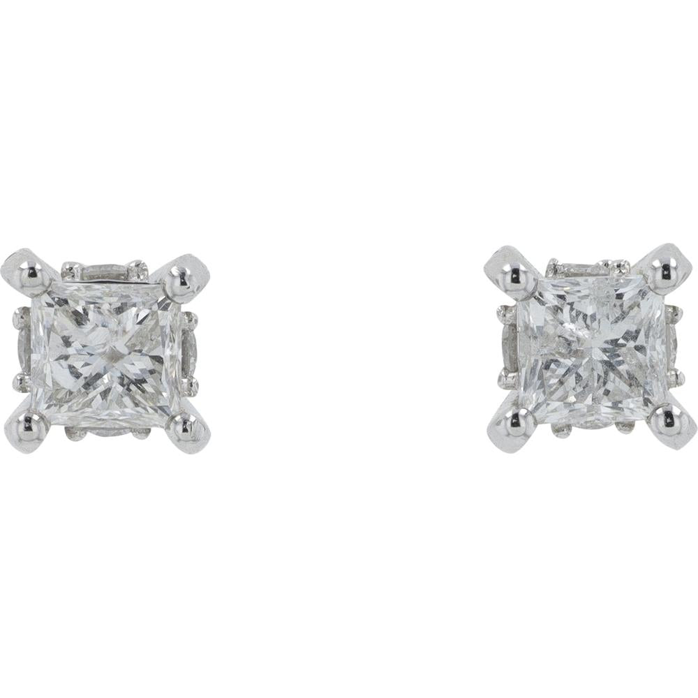 14K White Gold Princess Cut Diamond Stud Earrings - 1.00 Carat Total Diamond Weight
