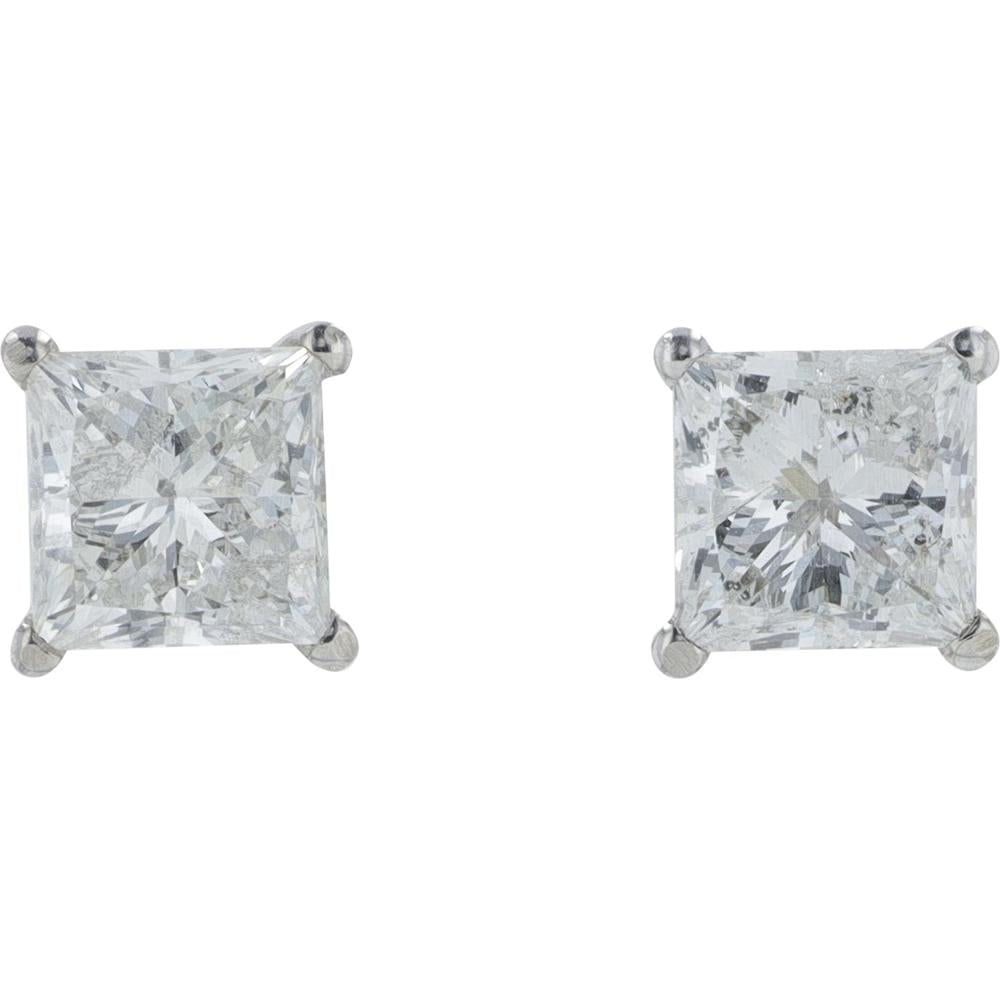14K White Gold Princess Cut Diamond Stud Earrings - 1.47 Carat Total Diamond Weight