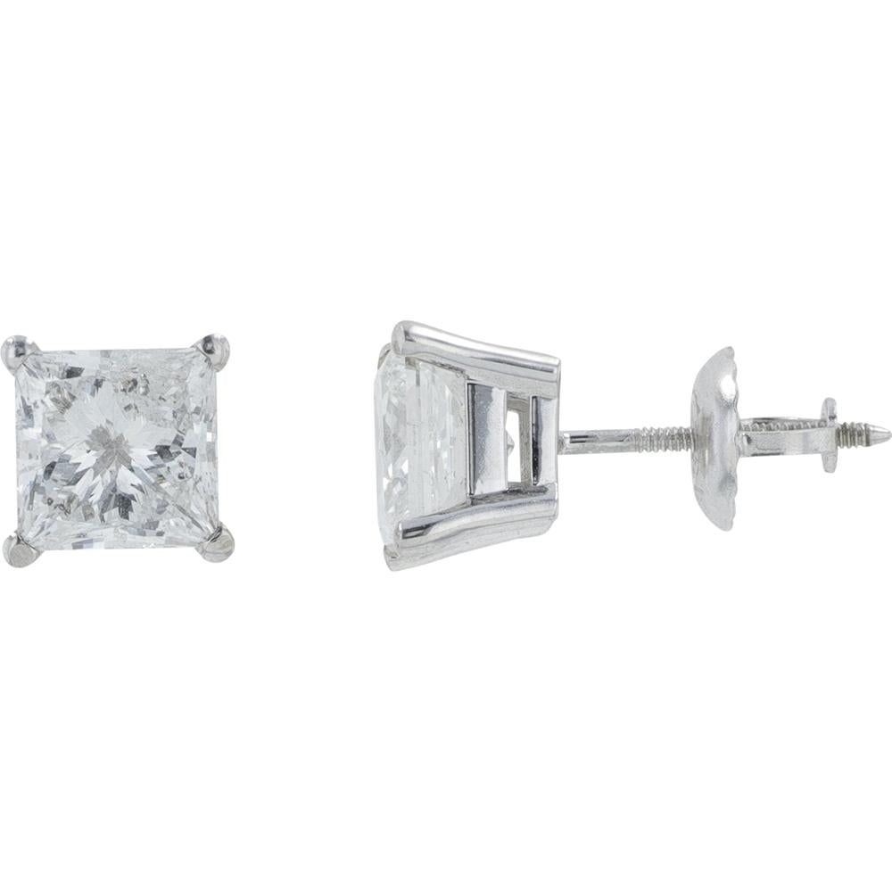 14K White Gold Princess Cut Diamond Stud Earrings - 1.47 Carat Total Diamond Weight