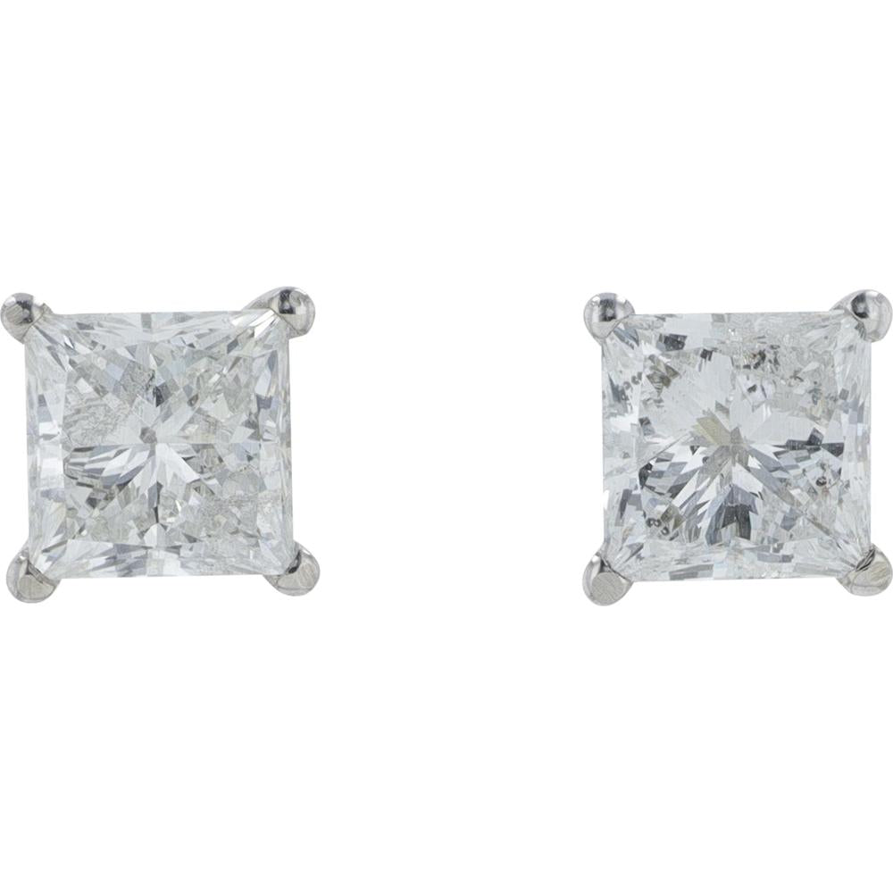 14K White Gold Princess Cut Diamond Stud Earrings - 2.14 Carat Total Diamond Weight