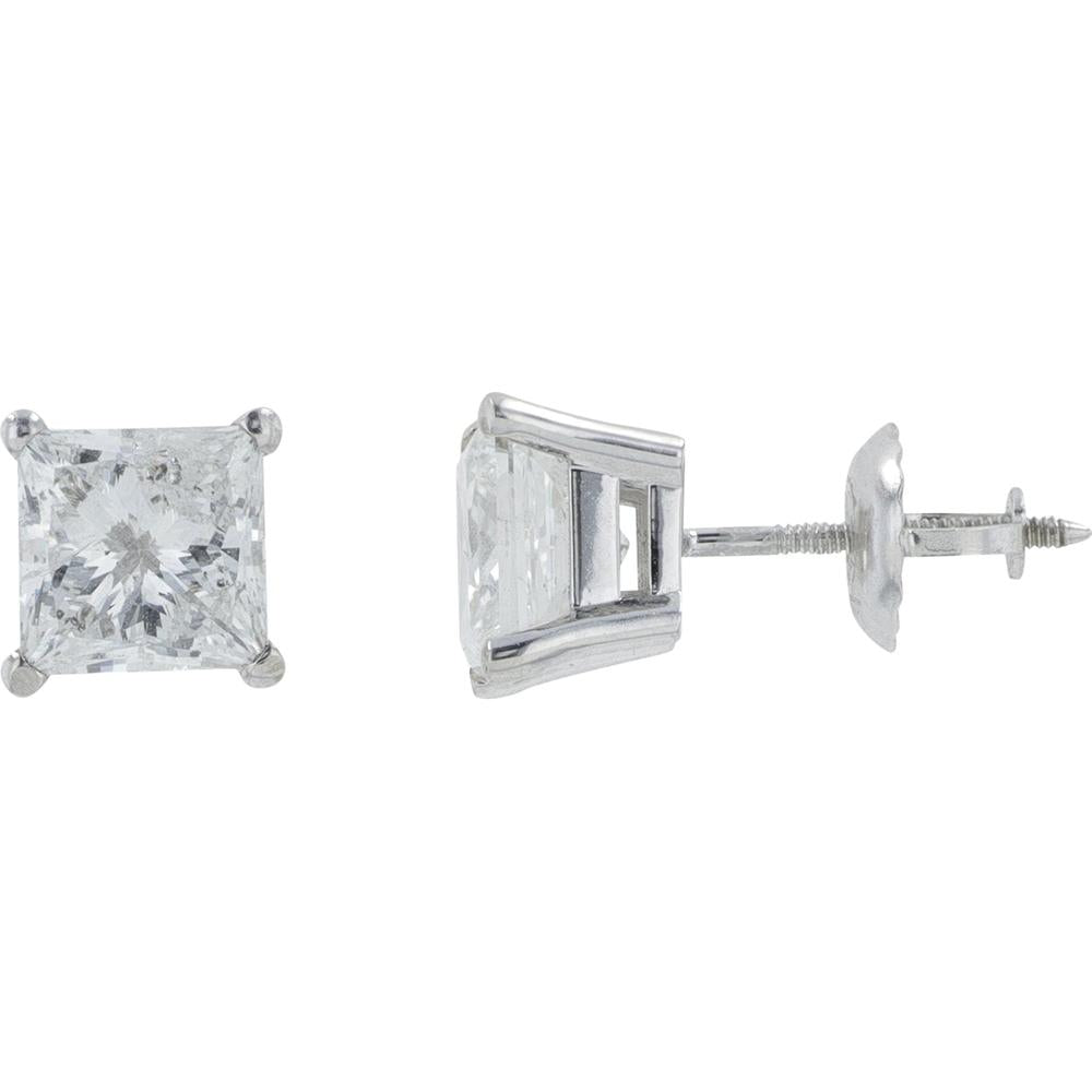 14K White Gold Princess Cut Diamond Stud Earrings - 2.14 Carat Total Diamond Weight