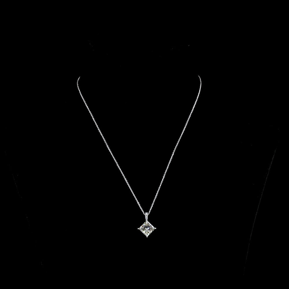 14K White Gold Princess Cut Lab Diamond Pendant with Accent Brilliant Stones - 3.83 Carat Total Diamond Weight - Covaloro Fine Jewelry