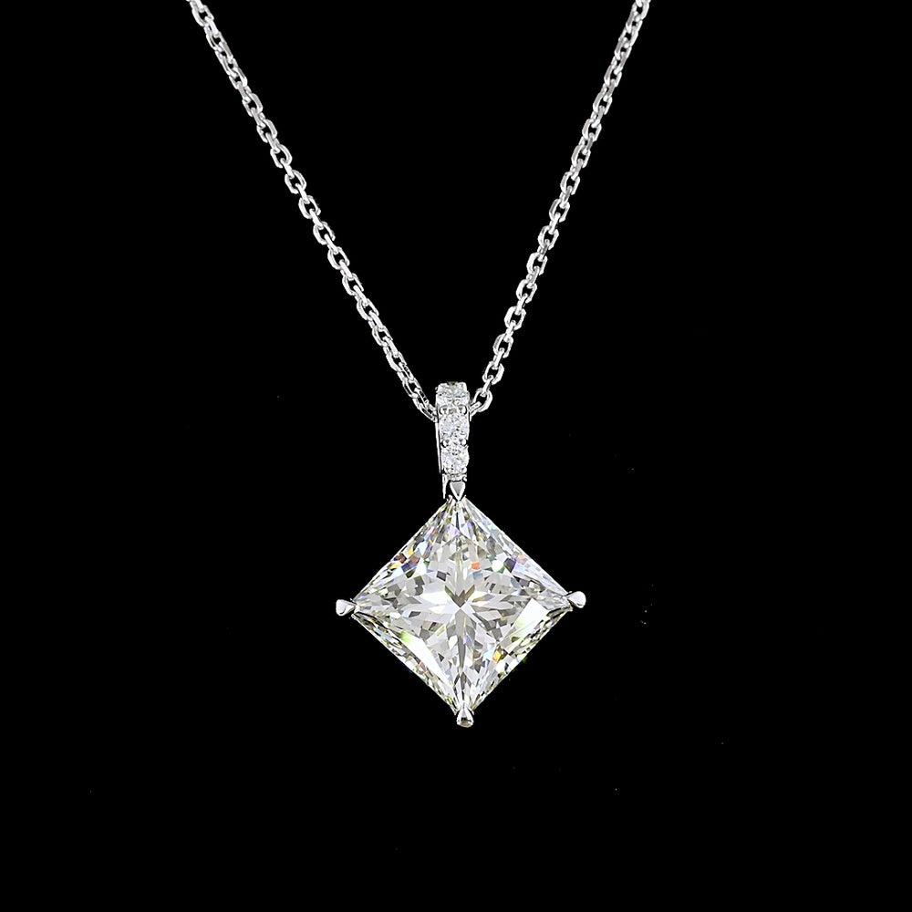 14K White Gold Princess Cut Lab Diamond Pendant with Accent Brilliant Stones - 3.83 Carat Total Diamond Weight - Covaloro Fine Jewelry