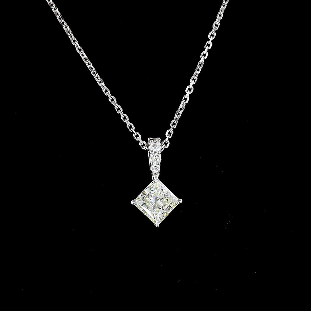 14K White Gold Princess Cut Lab Diamond Solitaire Pendant with Accent Diamonds - 2.83 Carats Total Diamond Weight - Covaloro Fine Jewelry