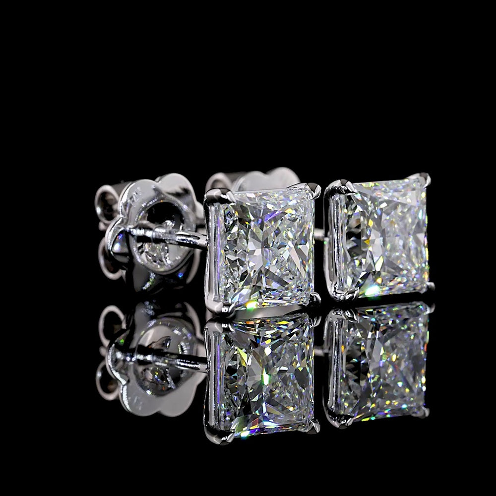 14K White Gold Princess Cut Lab Diamond Stud Earrings - 3.06 Carat Total Weight, E-F Color, VVS2 Clarity with Secure Push Backs - Covaloro Fine Jewelry