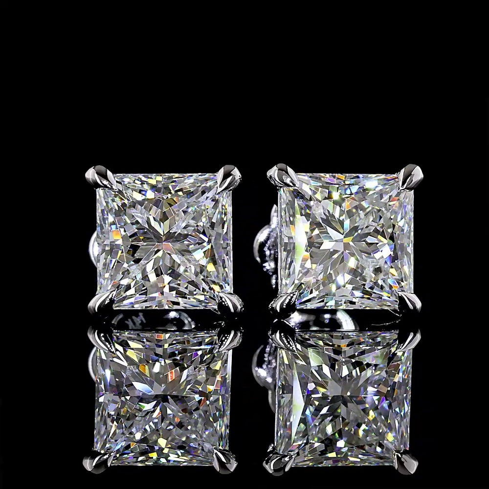 14K White Gold Princess Cut Lab Diamond Stud Earrings - Total 5.24 Carats, D-E VVS2 Clarity with IGI Certification - Covaloro Fine Jewelry