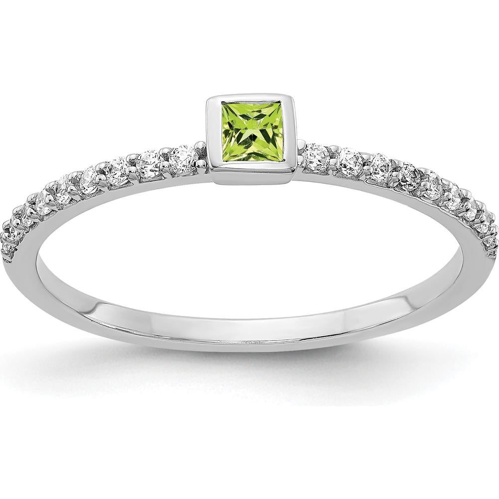 14K White Gold Princess Cut Peridot and Round Diamond Ring with 18 Diamonds - 0.12 Carat Total Gem Weight by 0