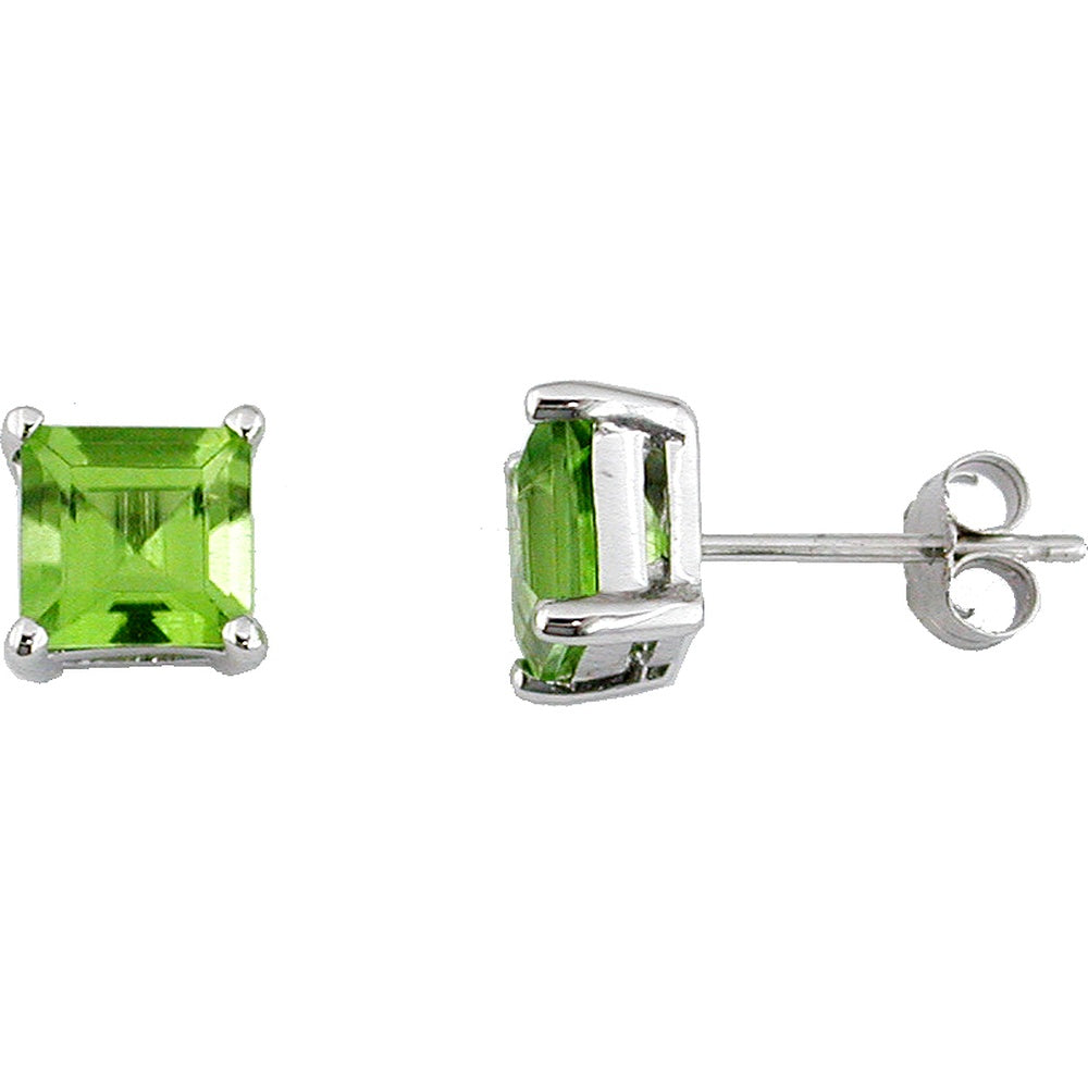 14K White Gold Princess-Cut Peridot Stud Earrings - 2.30 Carat Total Gem Weight - Royal Jewelry