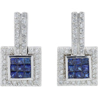 14K White Gold Princess Cut Sapphire Earrings with Diamond Halo - 1.00 Carat Sapphire, 1.50 Carat Diamond Total Weight
