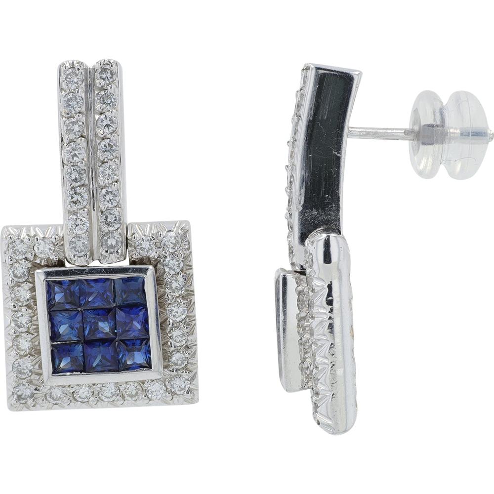14K White Gold Princess Cut Sapphire Earrings with Diamond Halo - 1.00 Carat Sapphire, 1.50 Carat Diamond Total Weight