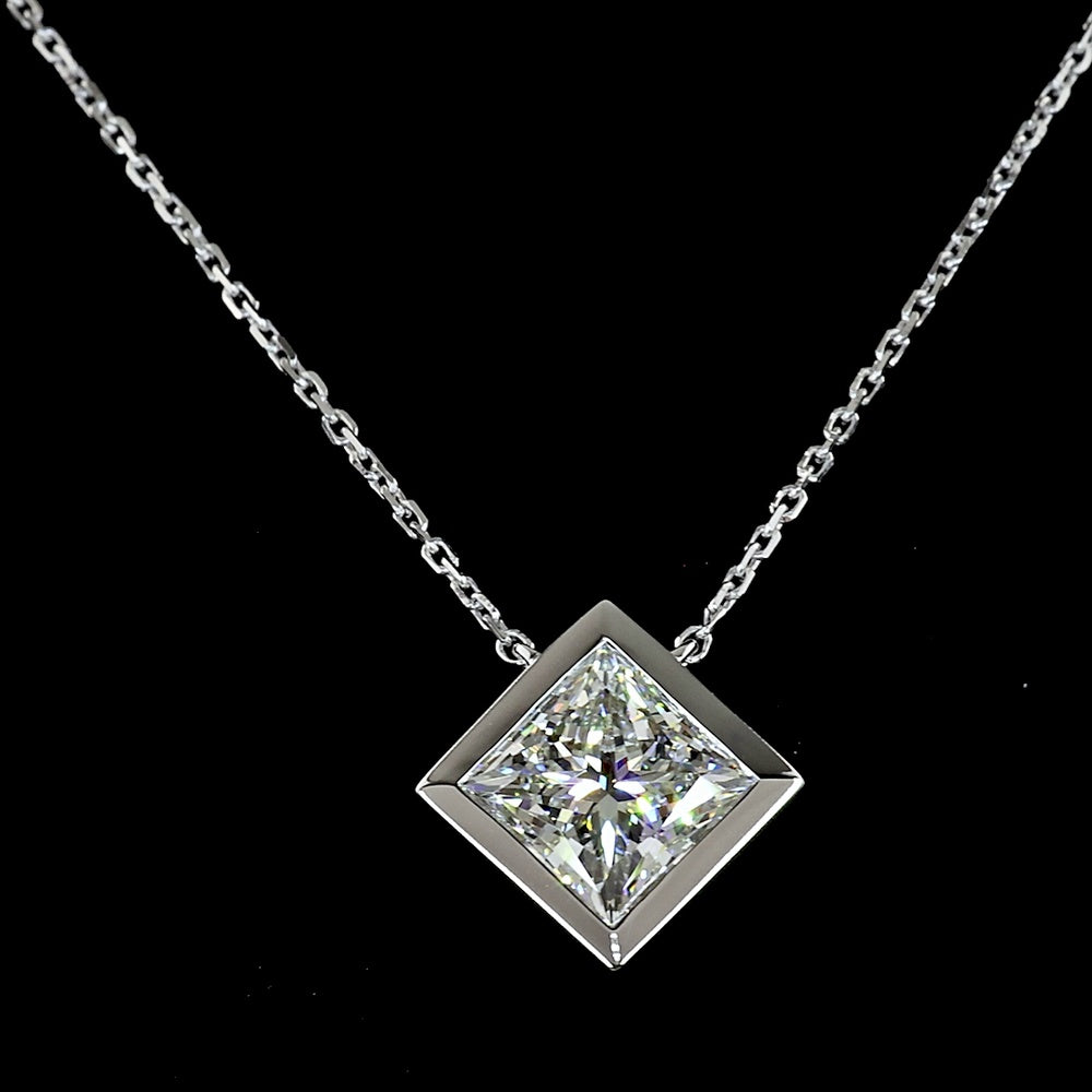 14K White Gold Princess Cut Solitaire Pendant with Bezel Set Lab Diamond - 2.08 Carat Total Weight, D VVS2, IGI Certified - Covaloro Fine Jewelry