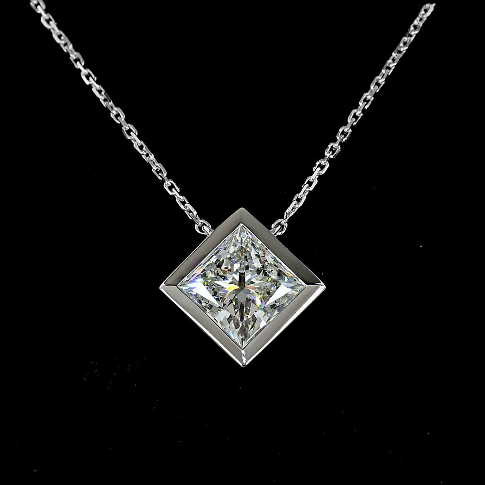14K White Gold Princess Cut Solitaire Pendant with Bezel Set Lab Diamond - 2.08 Carat Total Weight, D VVS2, IGI Certified - Covaloro Fine Jewelry