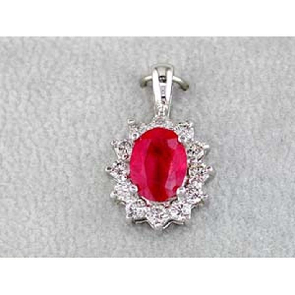 14K White Gold Princess Di Style Halo Pendant with 1.35 Carat Oval Ruby and 0.63 Carat Round Diamonds - Royal Jewelry