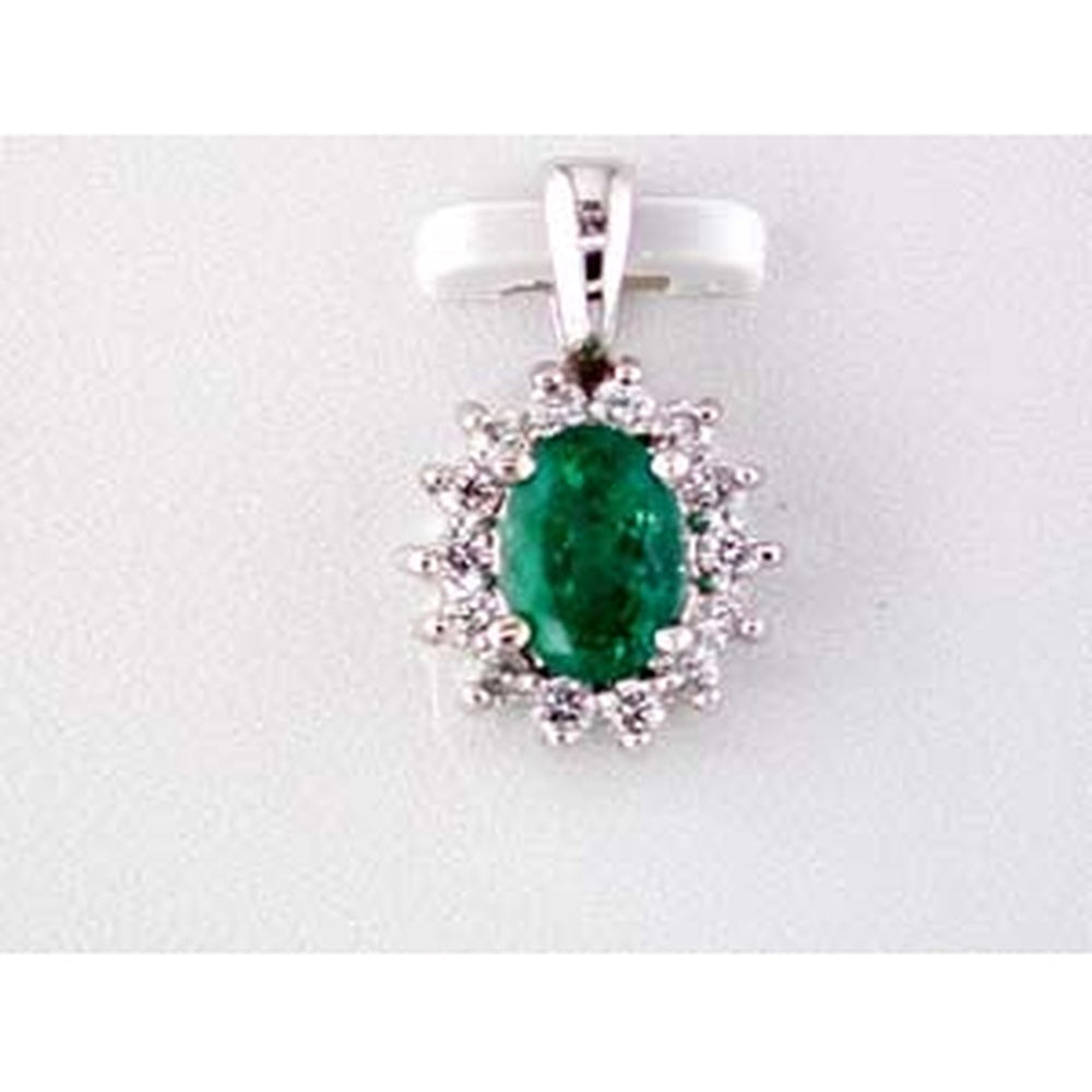 14K White Gold Princess Di Style Halo Pendant with Oval Emerald and Round Diamonds - 0.65 Carat Emerald and 0.30 Carat Total Diamond Weight - Royal Jewelry