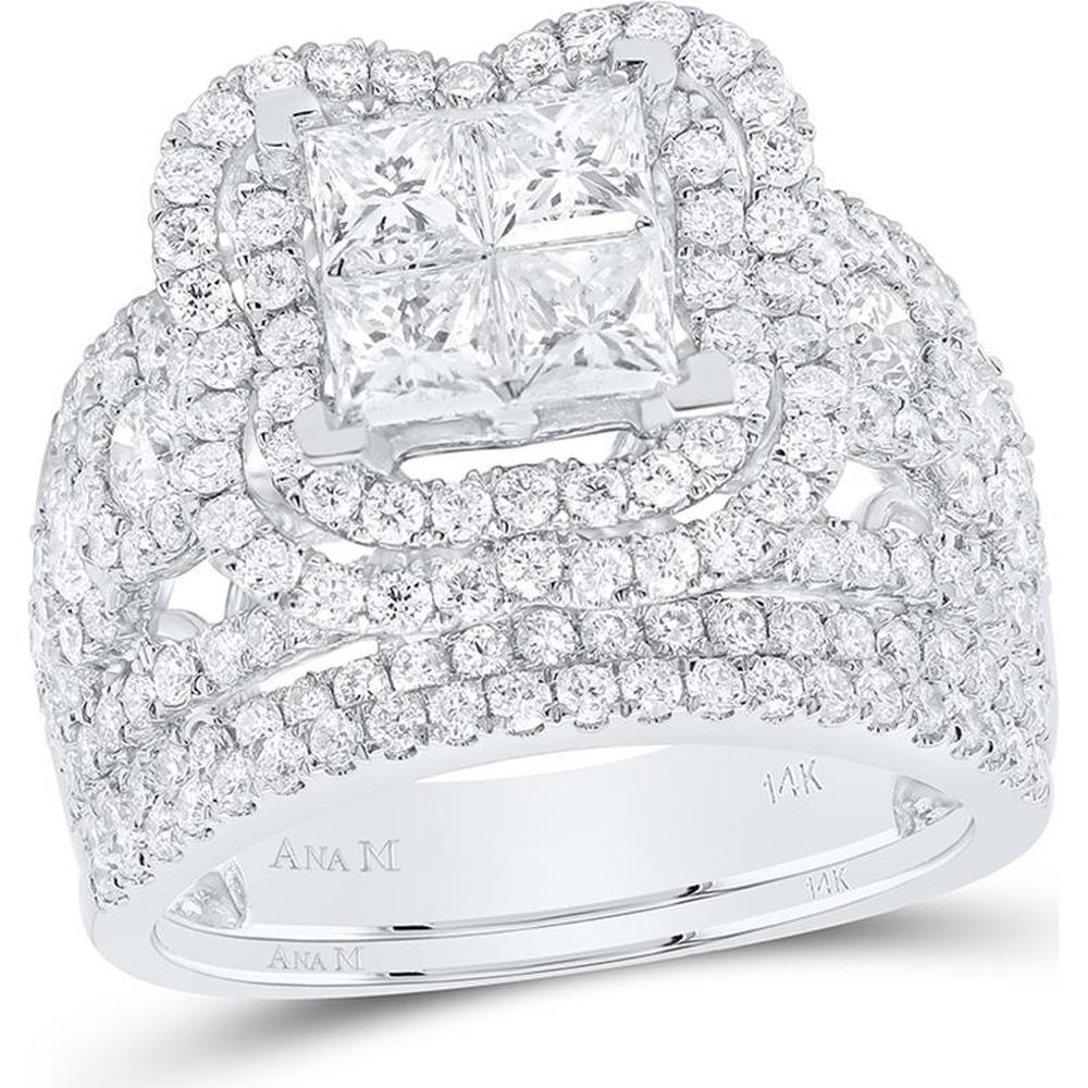 14K White Gold Princess Diamond Bridal Wedding Ring Set with Invisible Set Princess Cut Diamond and Round G-H Prong Set Diamonds - 3 Carat Total Diamond Weight