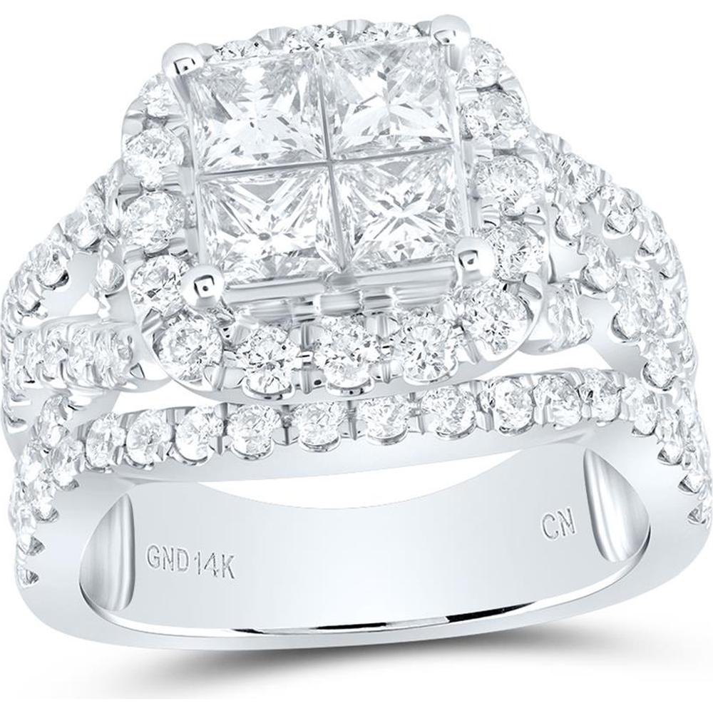 14K White Gold Princess Diamond Cluster Bridal Engagement Ring - 3 Carat Total Diamond Weight