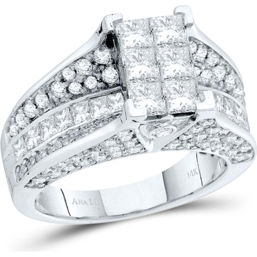 14K White Gold Princess Diamond Cluster Bridal Engagement Ring with 3 Carat Total Diamond Weight