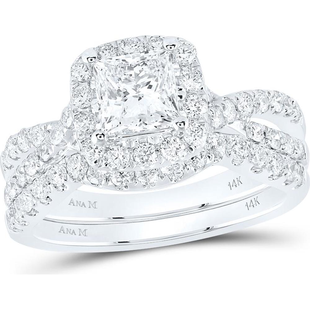 14K White Gold Princess Diamond Halo Bridal Wedding Ring Set with Blue Sapphire - 2.0 Carat Total Diamond Weight