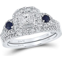 14K White Gold Princess Diamond Halo Bridal Wedding Ring Set with Blue Sapphire - 7/8 Carat Total Gem Weight