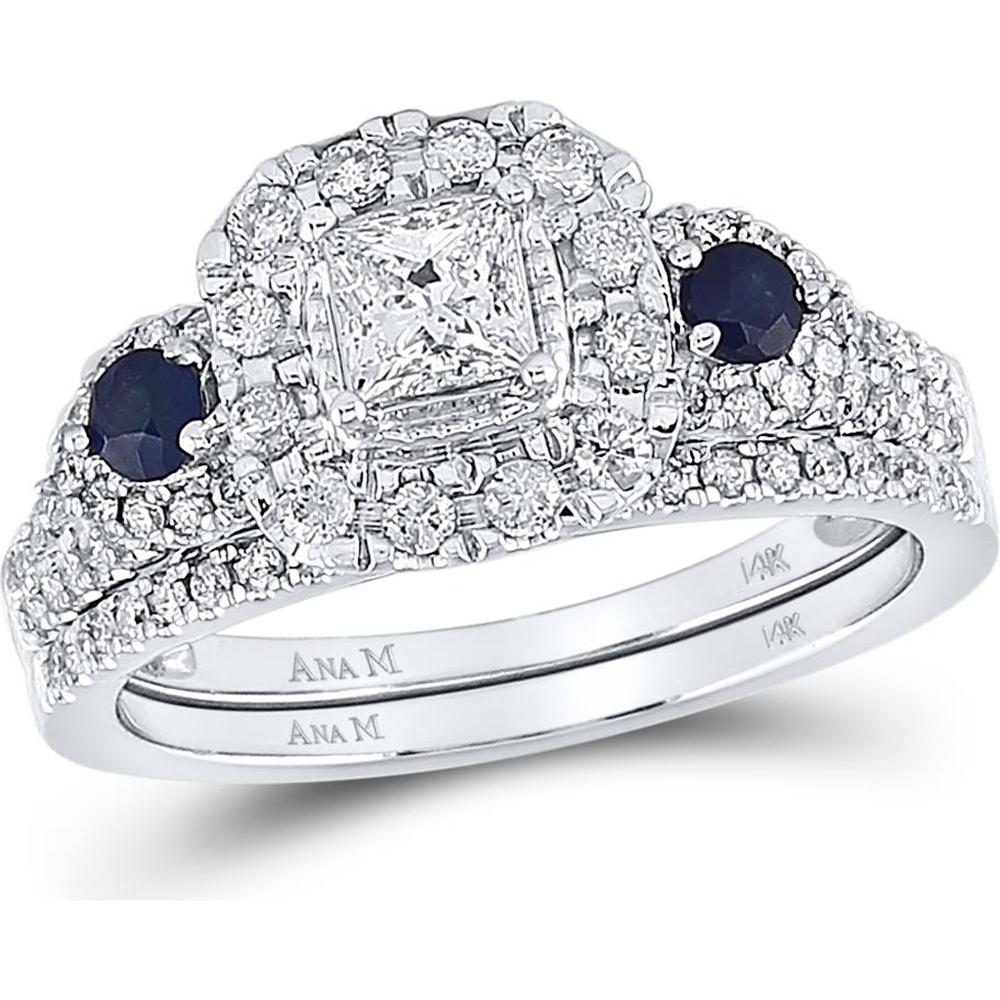 14K White Gold Princess Diamond Halo Bridal Wedding Ring Set with Blue Sapphire - 7/8 Carat Total Gem Weight