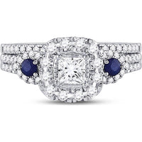 14K White Gold Princess Diamond Halo Bridal Wedding Ring Set with Blue Sapphire - 7/8 Carat Total Gem Weight