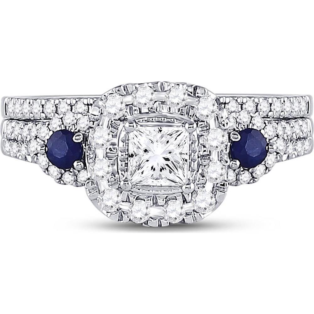 14K White Gold Princess Diamond Halo Bridal Wedding Ring Set with Blue Sapphire - 7/8 Carat Total Gem Weight