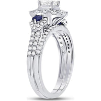 14K White Gold Princess Diamond Halo Bridal Wedding Ring Set with Blue Sapphire - 7/8 Carat Total Gem Weight