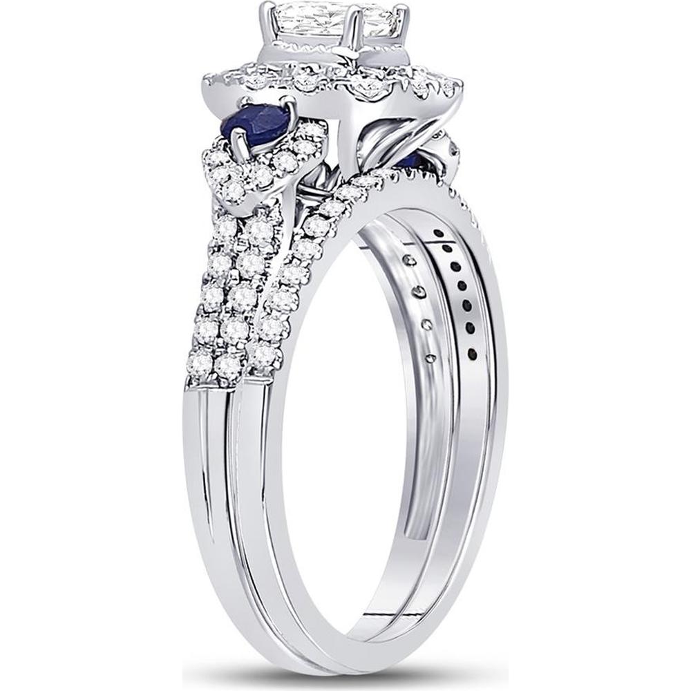14K White Gold Princess Diamond Halo Bridal Wedding Ring Set with Blue Sapphire - 7/8 Carat Total Gem Weight