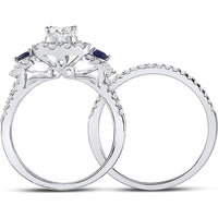 14K White Gold Princess Diamond Halo Bridal Wedding Ring Set with Blue Sapphire - 7/8 Carat Total Gem Weight