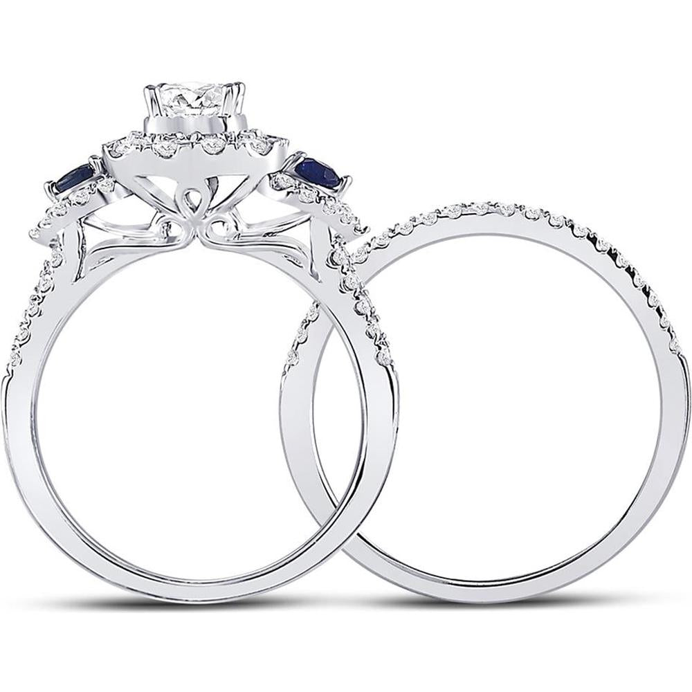 14K White Gold Princess Diamond Halo Bridal Wedding Ring Set with Blue Sapphire - 7/8 Carat Total Gem Weight