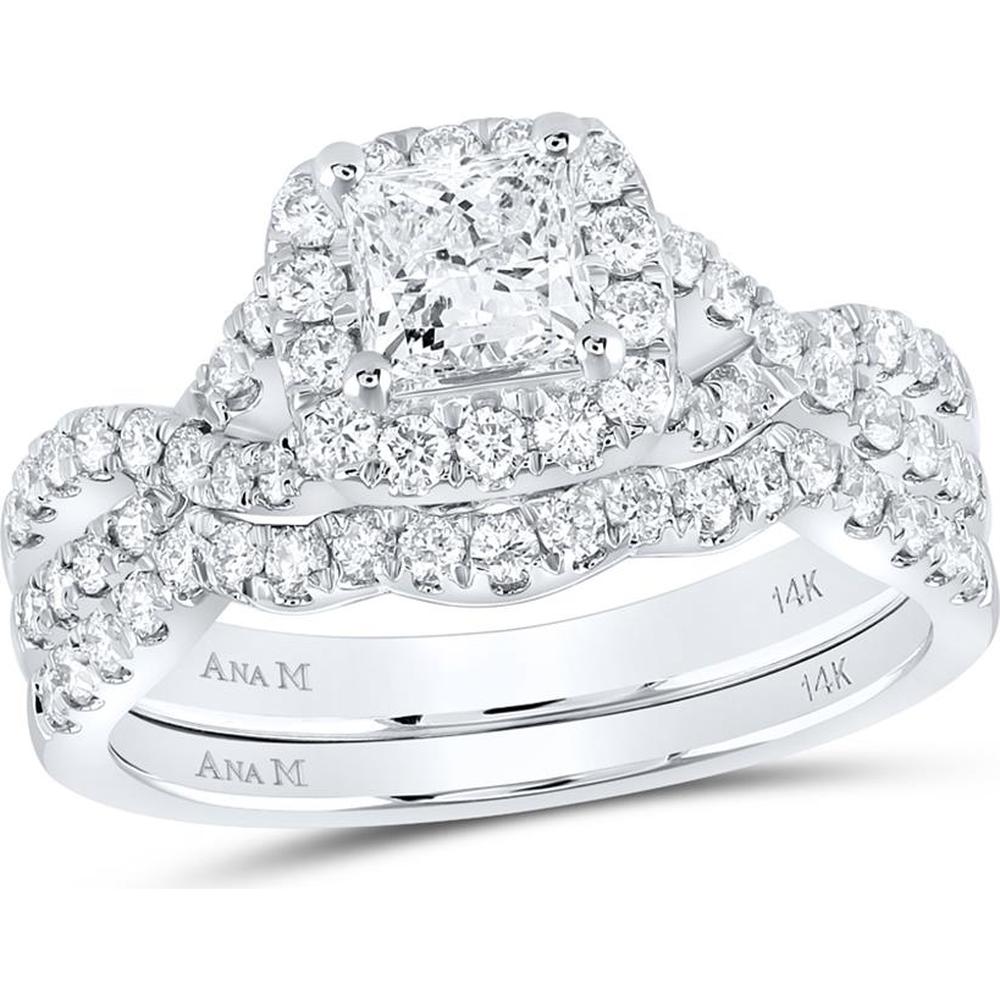 14K White Gold Princess Diamond Halo Bridal Wedding Ring Set with Round Diamond and Sapphire Accent - 1.50 Carat Total Diamond Weight