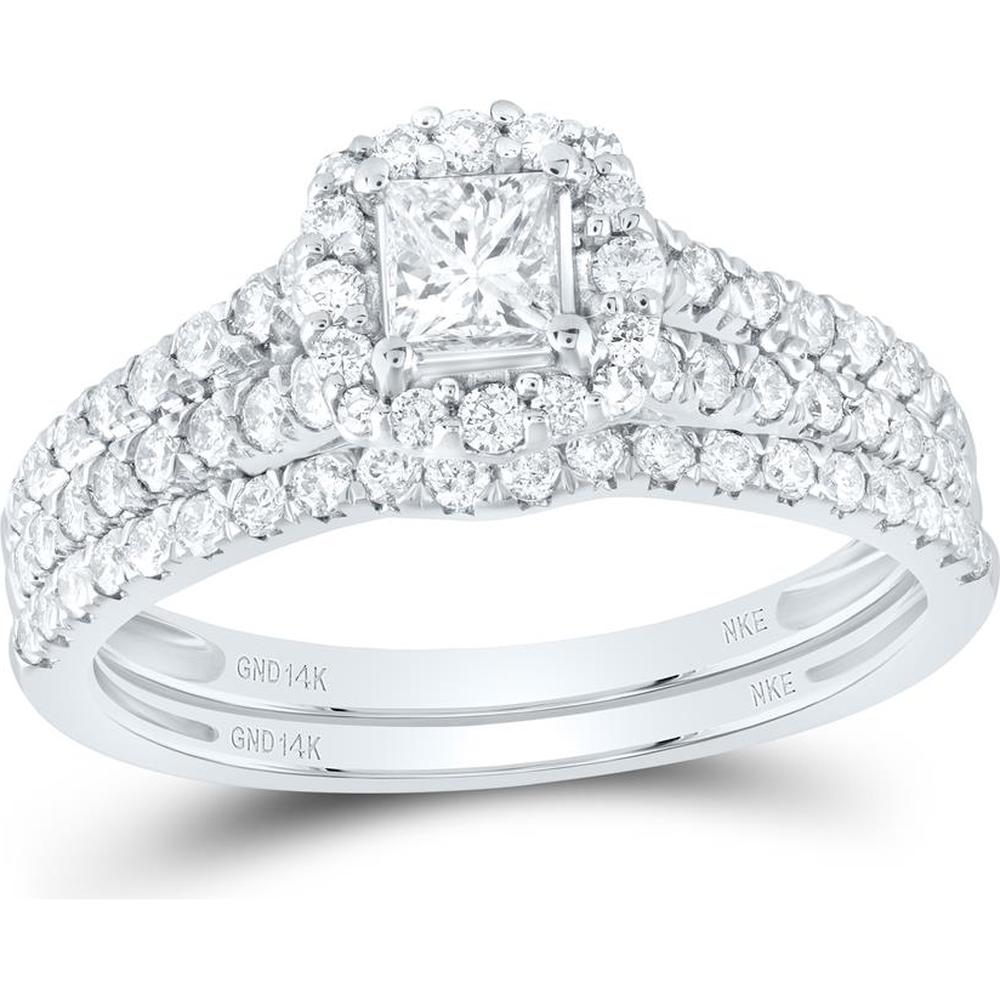14K White Gold Princess Diamond Halo Bridal Wedding Ring Set with Round Diamonds and Blue Sapphire - 1.00 Carat Total Gem Weight